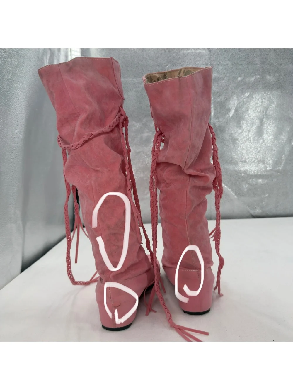 Pink Suede Slouchy Knee High Rubber Boots Y2K Braided Fringe Tassel Flat Boot